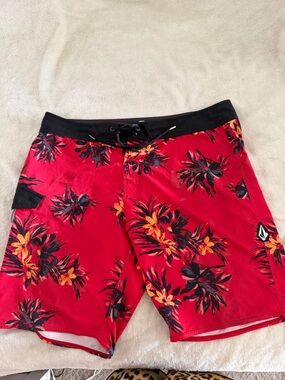 Volcom Red Floral Swim Board Shorts
